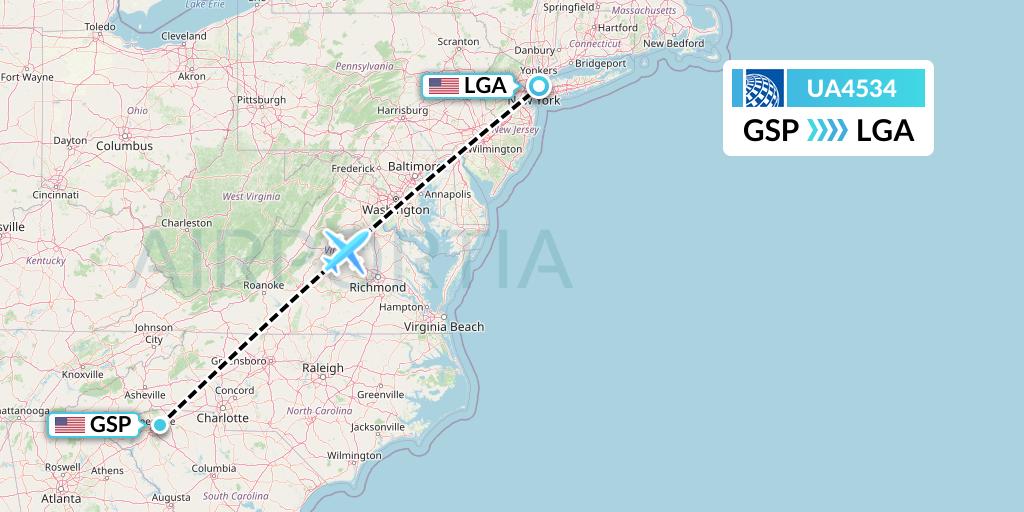 UA4534 United Airlines Flight Map: Greenville-Spartanburg to New York