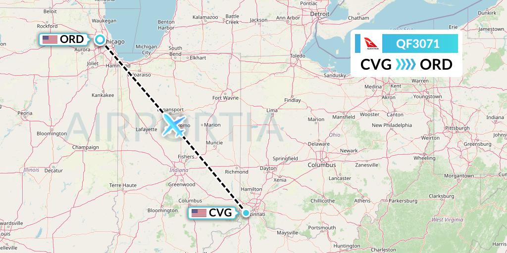 QF3071 Qantas Flight Map: Cincinnati to Chicago