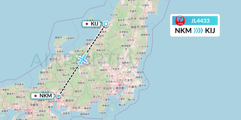 JL4433 Japan Airlines Flight Map: Nagoya to Niigata