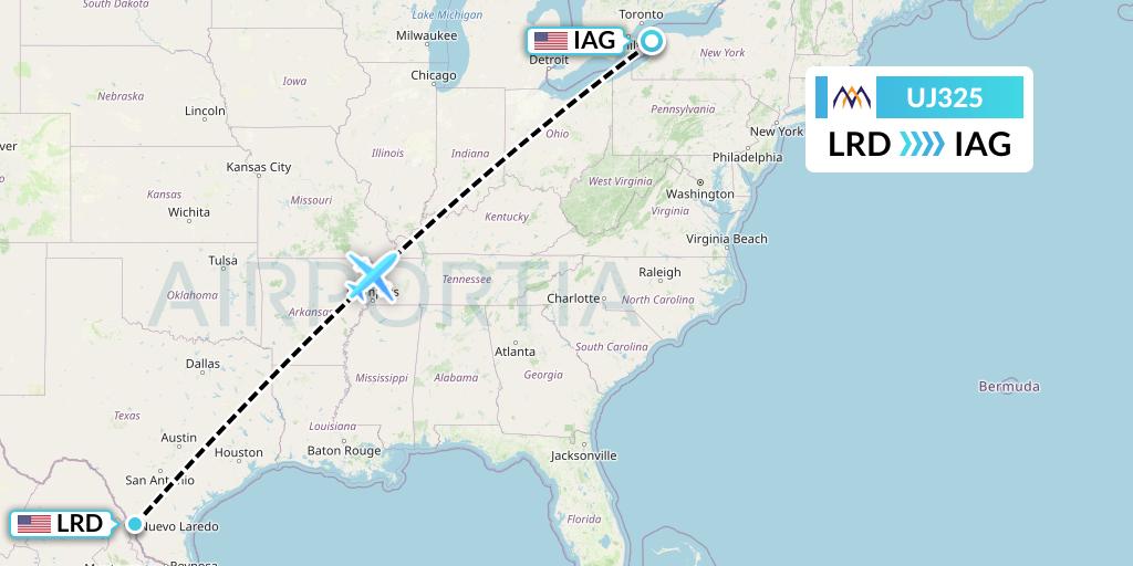 UJ325 AlMasria Universal Airlines Flight Map: Laredo to Niagara Falls