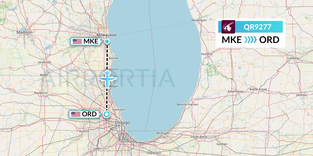 QR9277 Qatar Airways Flight Map: Milwaukee to Chicago