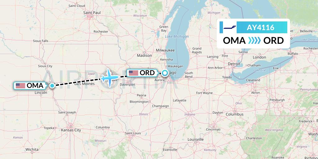 AY4116 Finnair Flight Map: Omaha to Chicago