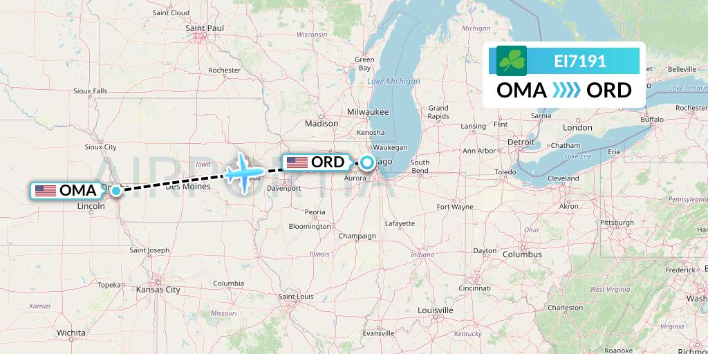 EI7191 Aer Lingus Flight Map: Omaha to Chicago