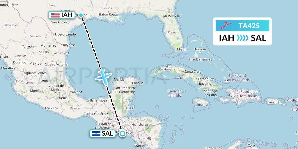 TA425 TACA Airlines Flight Map: Houston to San Salvador