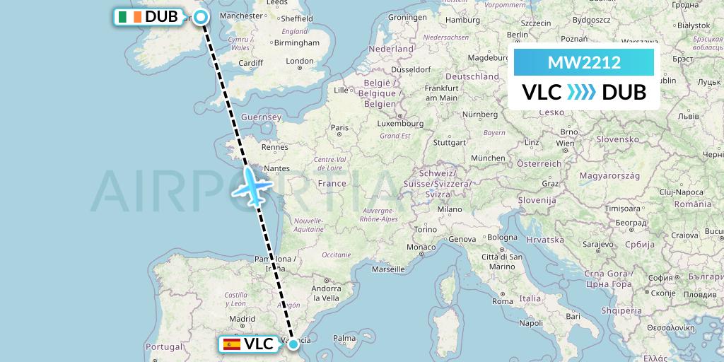 MW2212 Mokulele Flight Service Flight Map: Valencia to Dublin