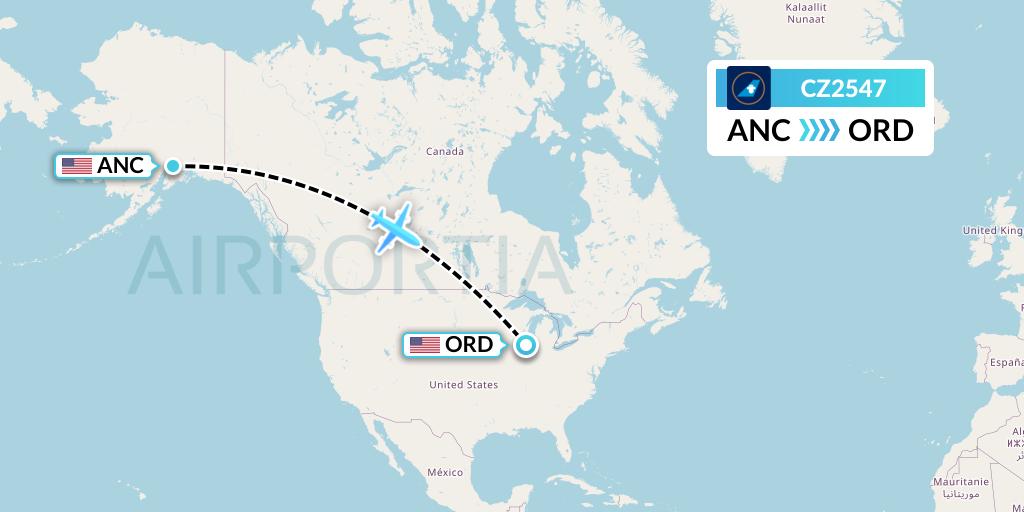 CZ2547 China Southern Airlines Flight Map: Anchorage to Chicago