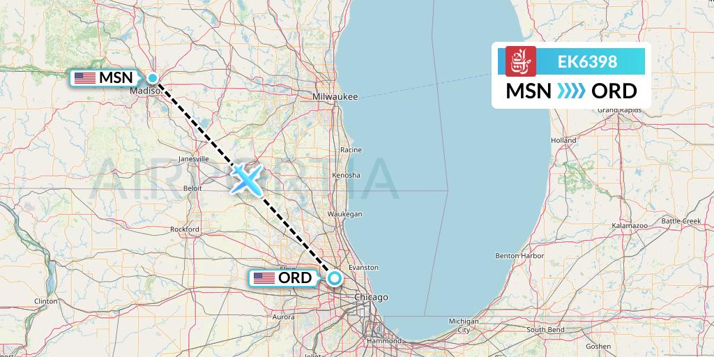 EK6398 Emirates Flight Map: Madison to Chicago
