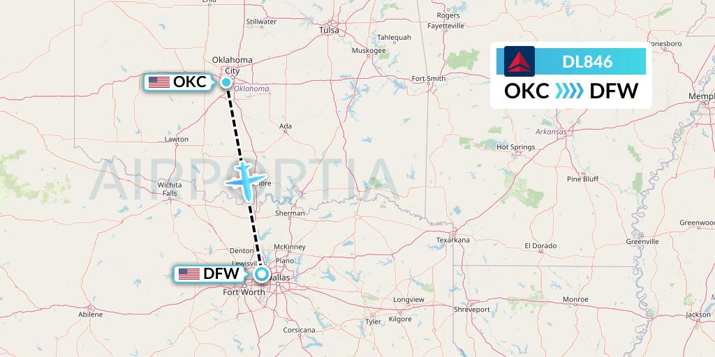 DL846 Delta Air Lines Flight Map: Oklahoma City to Dallas
