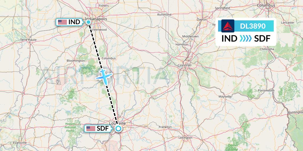 DL3890 Delta Air Lines Flight Map: Indianapolis to Louisville