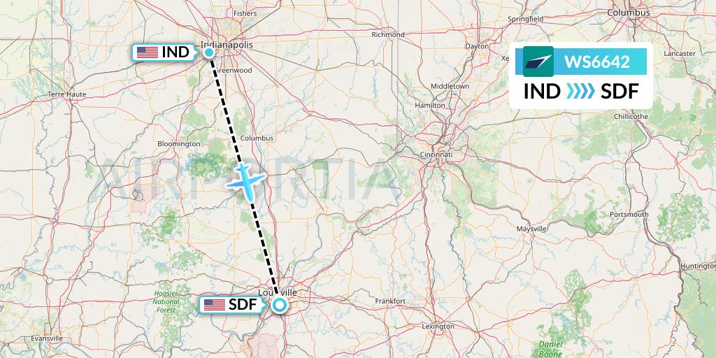 WS6642 WestJet Flight Map: Indianapolis to Louisville