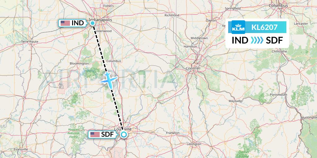 KL6207 KLM Flight Map: Indianapolis to Louisville
