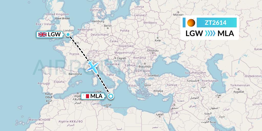 ZT2614 Titan Airways Flight Map: London to Malta