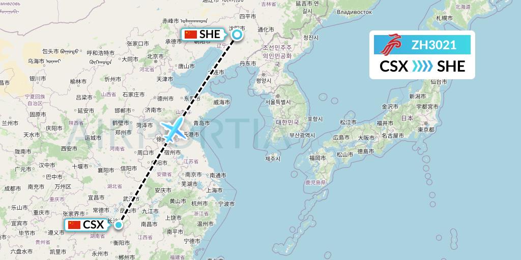 ZH3021 Shenzhen Airlines Flight Map: Changsha to Shenyang