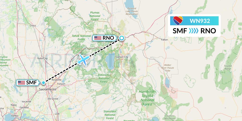WN932 Southwest Airlines Flight Map: Sacramento to Reno