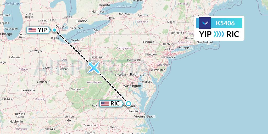K5406 SeaPort Airlines Flight Map: Detroit to Richmond