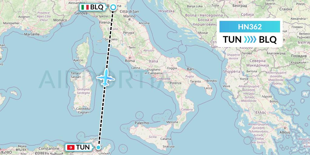 HN362 Uab Heston Airlines Jsc Heston Airl Flight Map: Tunis to Bologna