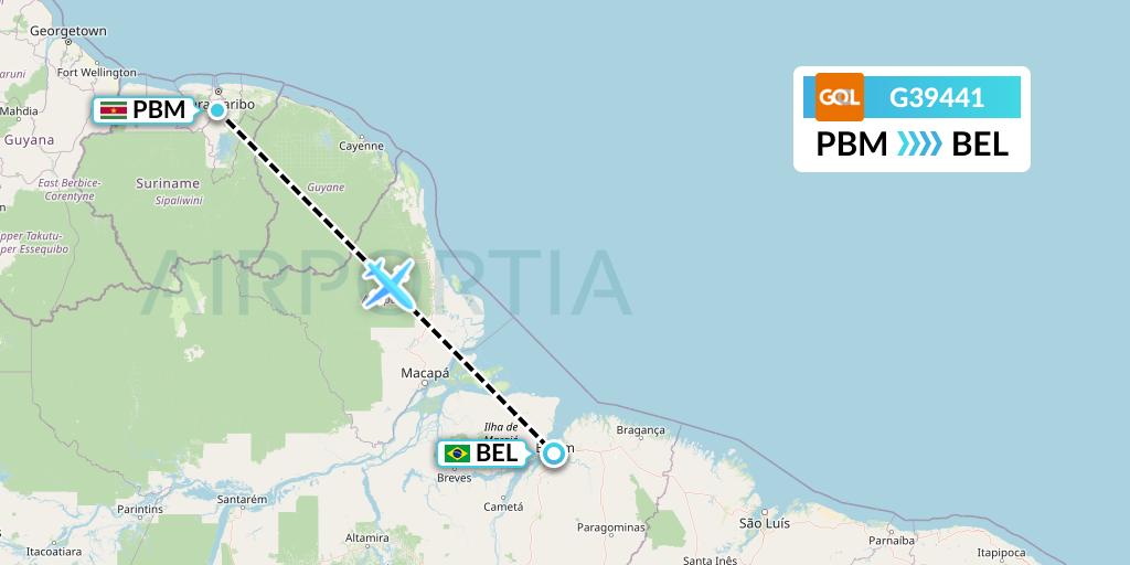 G39441 GOL Transportes Aeros Flight Map: Paramaribo to Belem