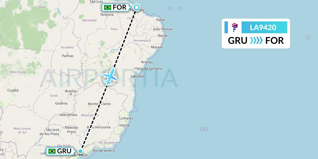 LA9420 LAN Airlines Flight Map: Sao Paulo to Fortaleza