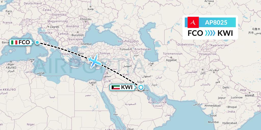 AP8025 AlbaStar Flight Map: Rome to Kuwait City
