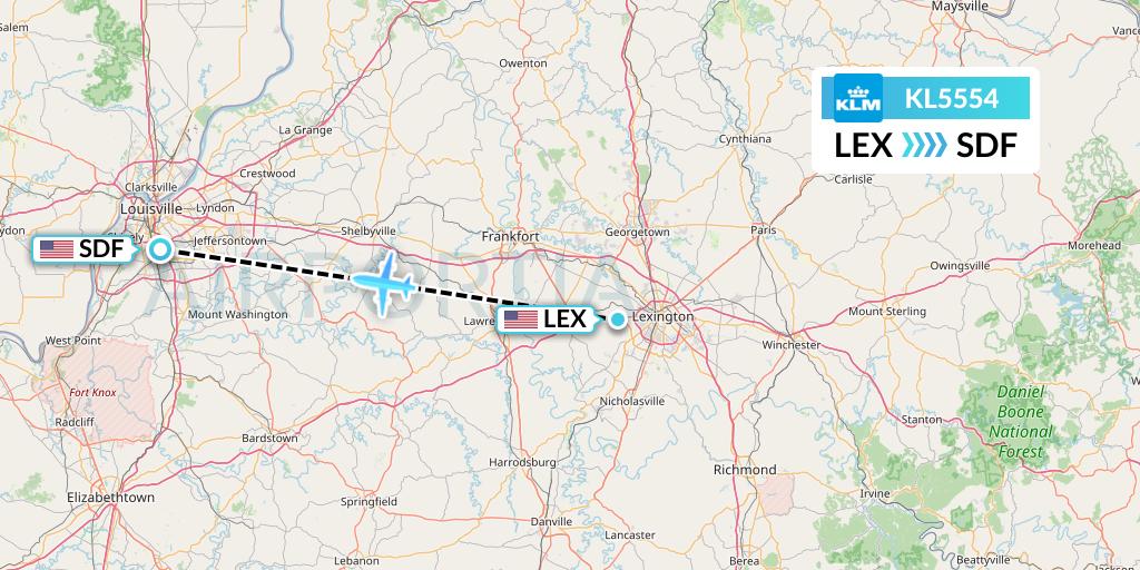 KL5554 KLM Flight Map: Lexington to Louisville