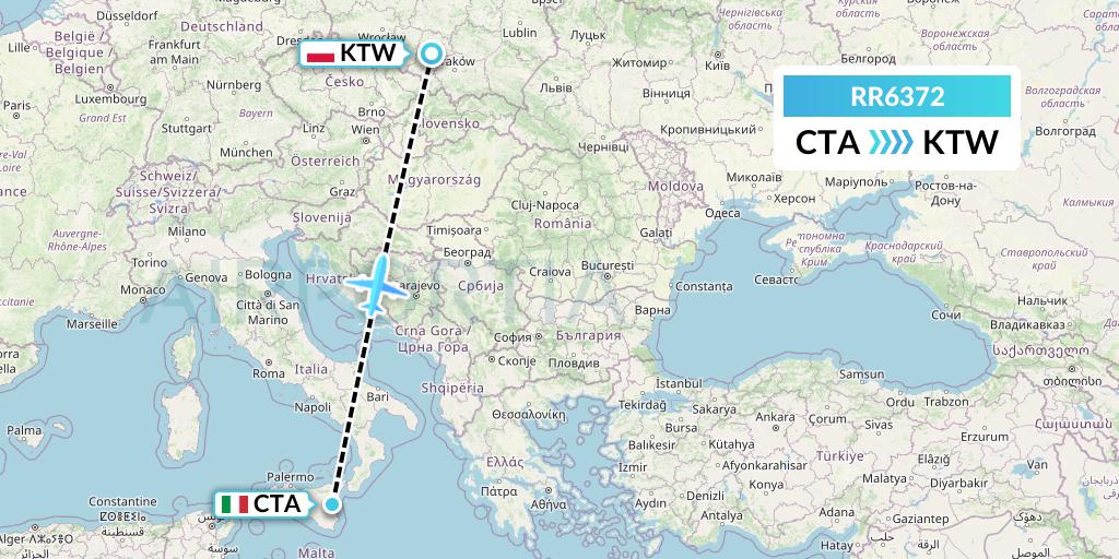 RR6372 Royal Air Force Flight Map: Catania to Katowice