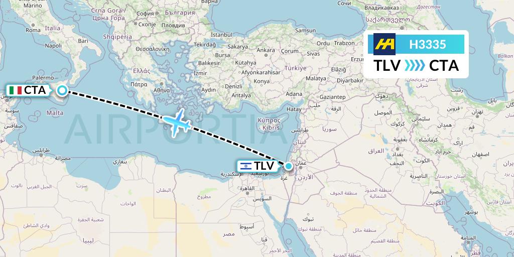 H3335 Harbour Air Flight Map: Tel Aviv to Catania
