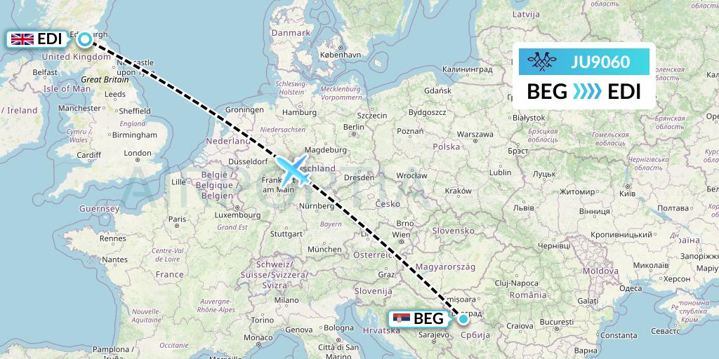 JU9060 AirSERBIA Flight Map: Belgrade to Edinburgh