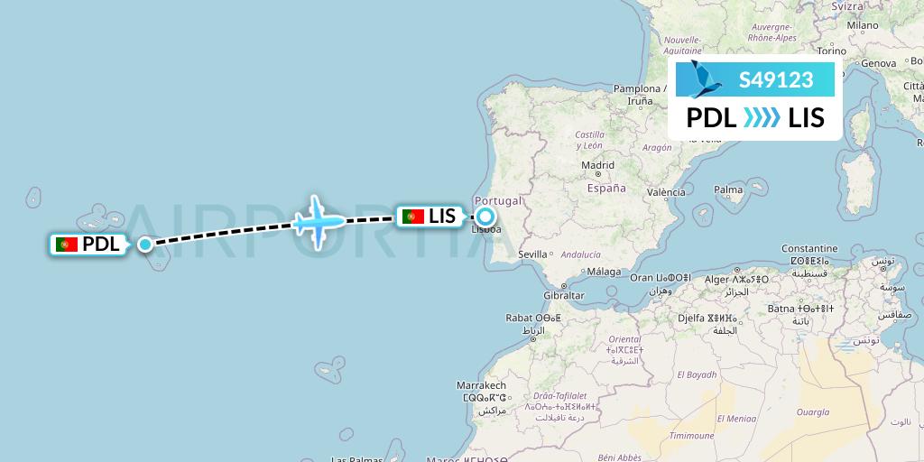 S49123 Azores Airlines Flight Map: Ponta Delgada to Lisbon