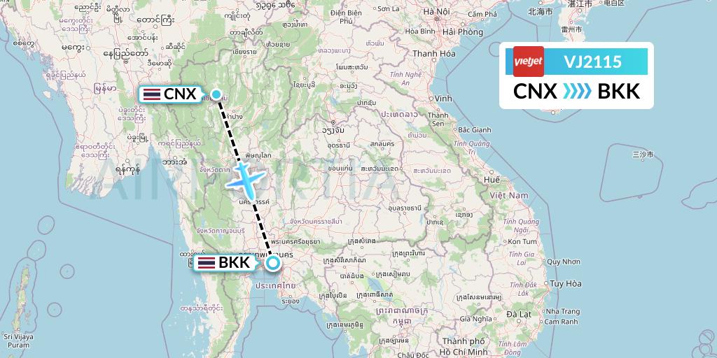 VJ2115 VietJet Air Flight Map: Chiang Mai to Bangkok