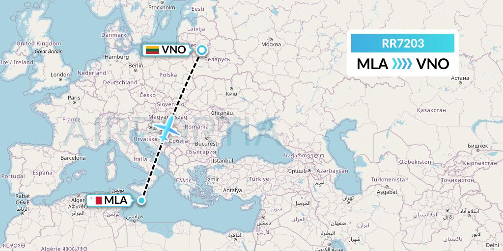 RR7203 Royal Air Force Flight Map: Malta to Vilnius