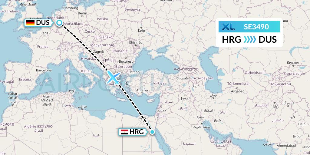 SE3490 XL Airways France Flight Map: Hurghada to Dusseldorf