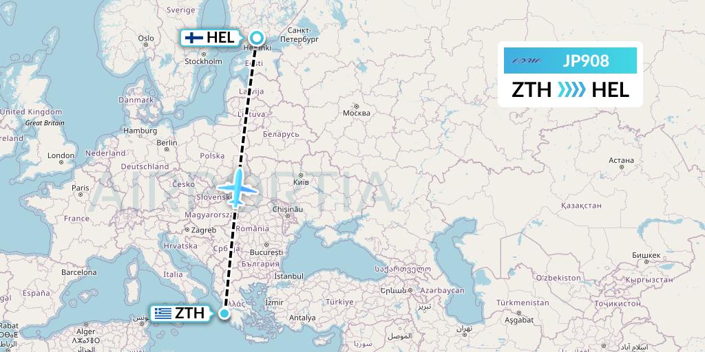 JP908 Adria Airways Flight Map: Zakynthos to Helsinki