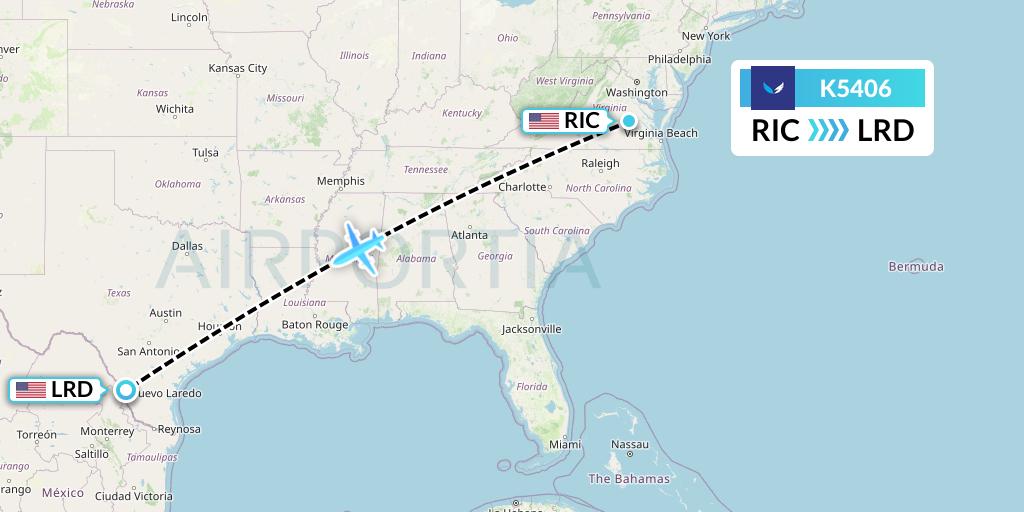 K5406 SeaPort Airlines Flight Map: Richmond to Laredo