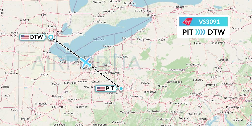 VS3091 Virgin Atlantic Airways Flight Map: Pittsburgh to Detroit