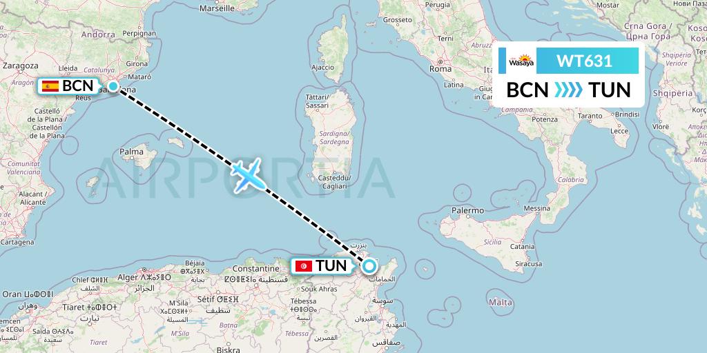 WT631 Swiftair Flight Map: Barcelona to Tunis