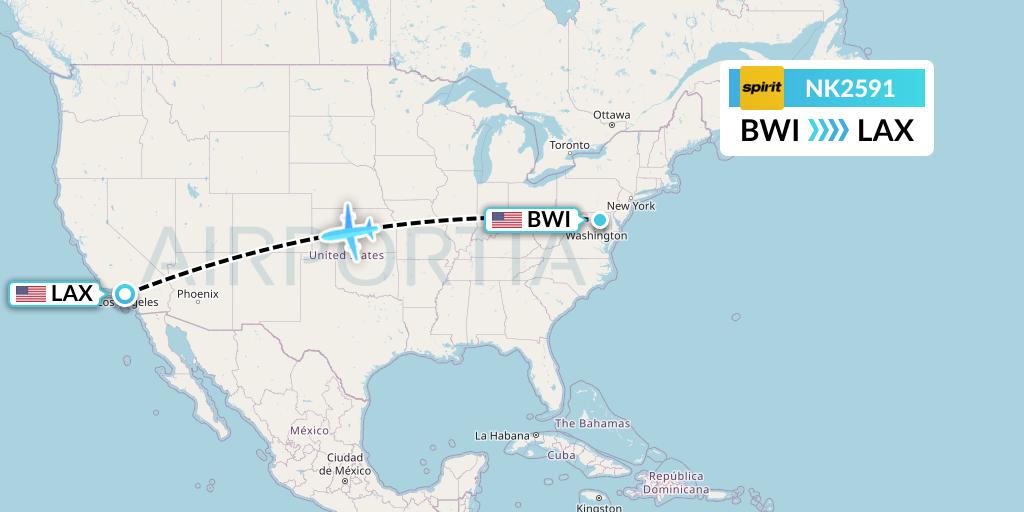 NK2591 Spirit Airlines Flight Map: Baltimore to Los Angeles