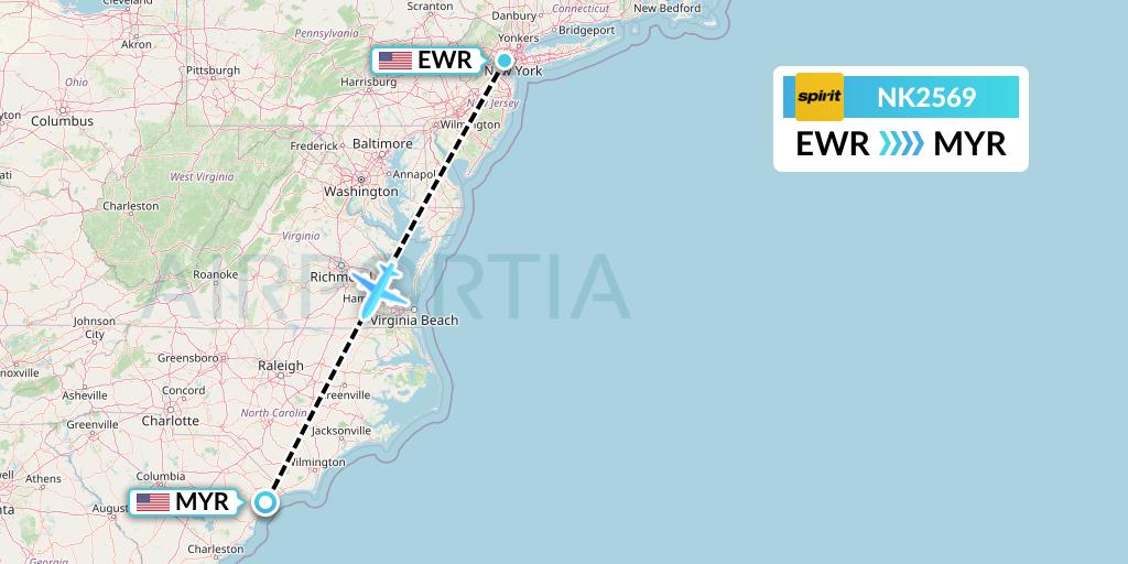 NK2569 Spirit Airlines Flight Map: New York to Myrtle Beach