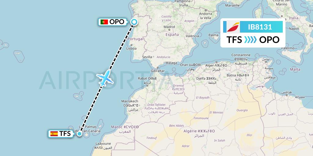 IB8131 Iberia Flight Map: Tenerife to Porto