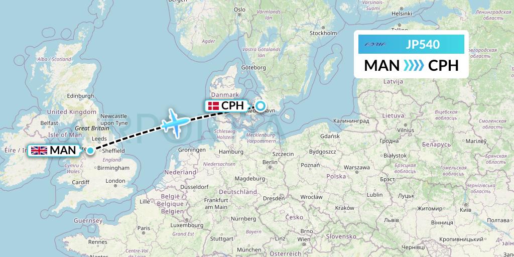 JP540 Adria Airways Flight Map: Manchester to Copenhagen