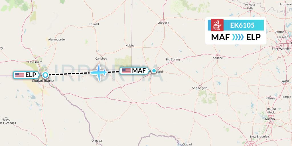 EK6105 Emirates Flight Map: Midland to El Paso