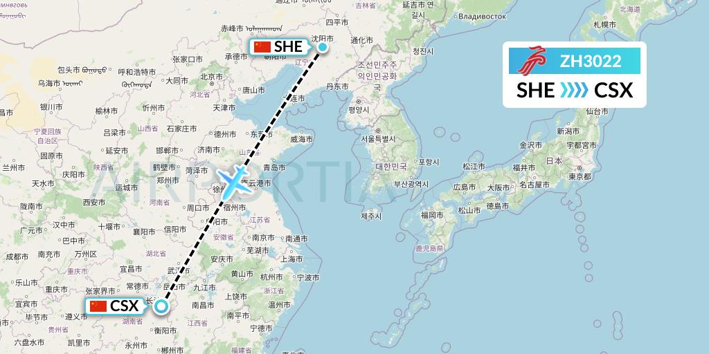 ZH3022 Shenzhen Airlines Flight Map: Shenyang to Changsha