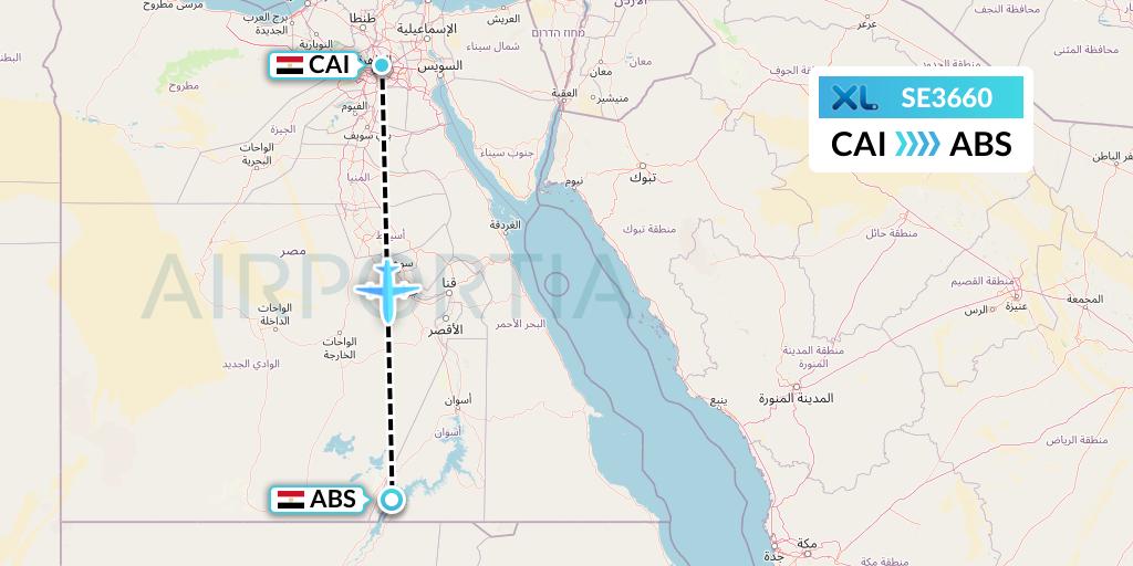 SE3660 XL Airways France Flight Map: Cairo to Abu Simbel