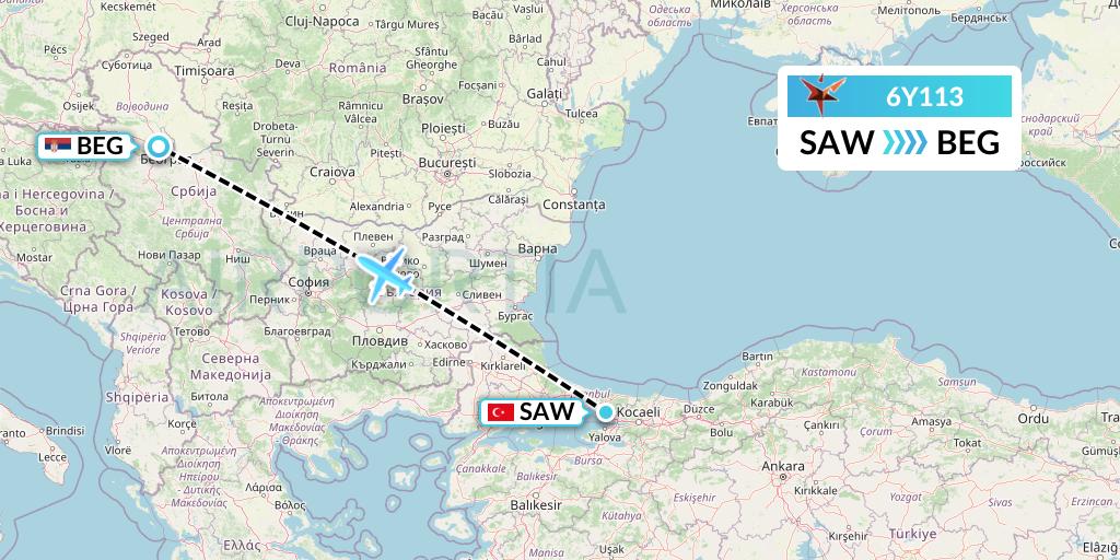 6Y113 SmartLynx Flight Map: Istanbul to Belgrade