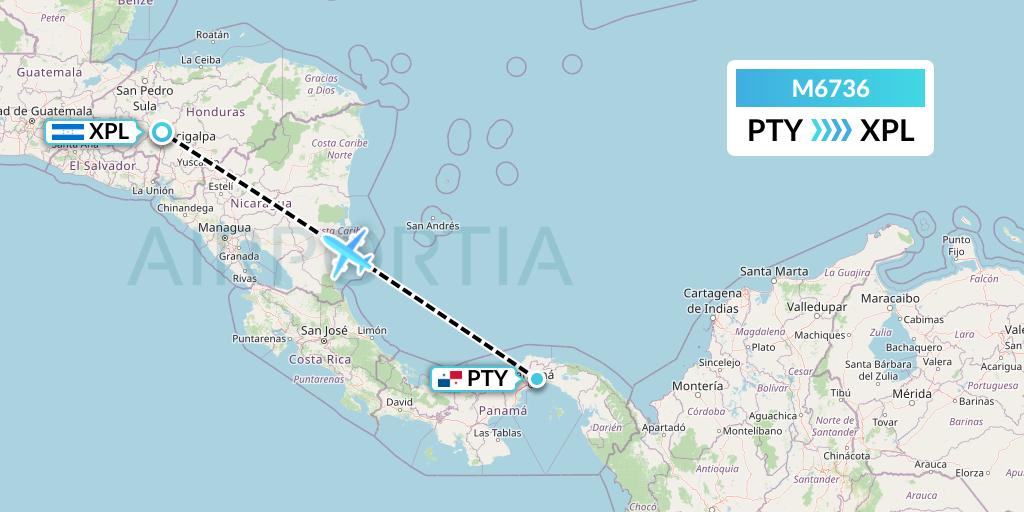 M6736 Amerijet International Flight Map: Panama City to Comayagua