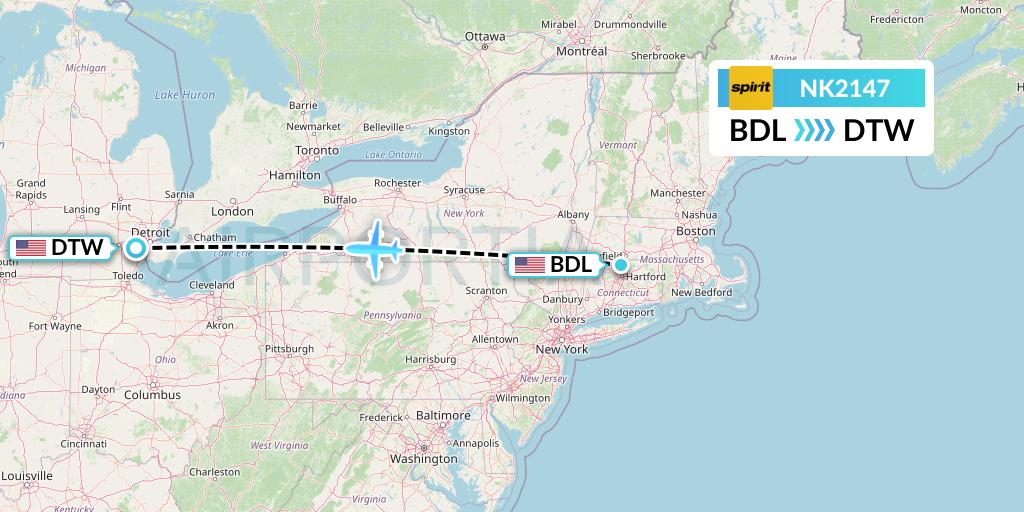 NK2147 Spirit Airlines Flight Map: Windsor Locks to Detroit