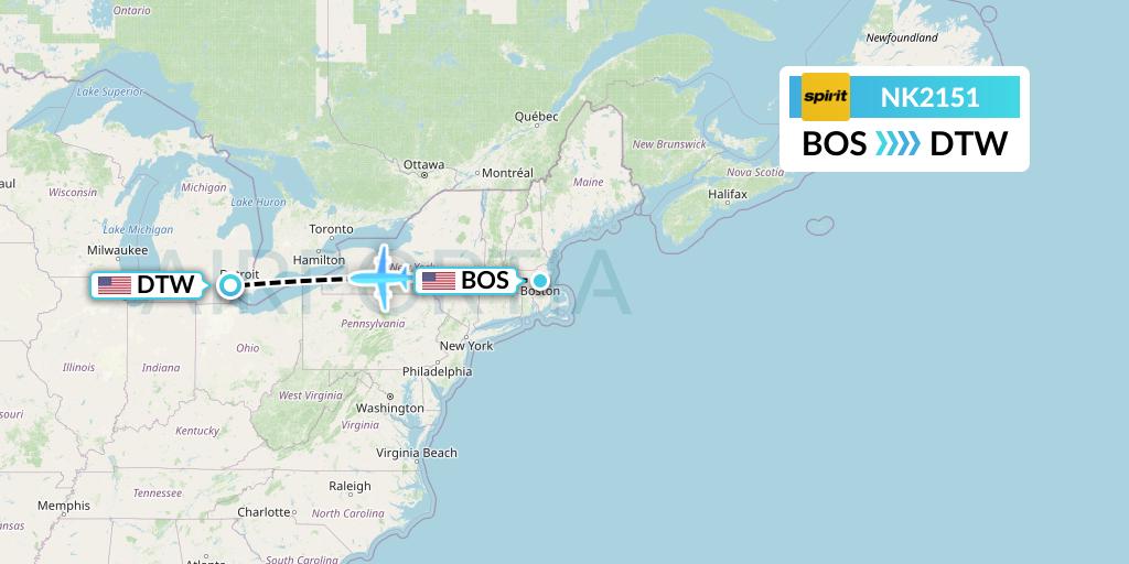 NK2151 Spirit Airlines Flight Map: Boston to Detroit