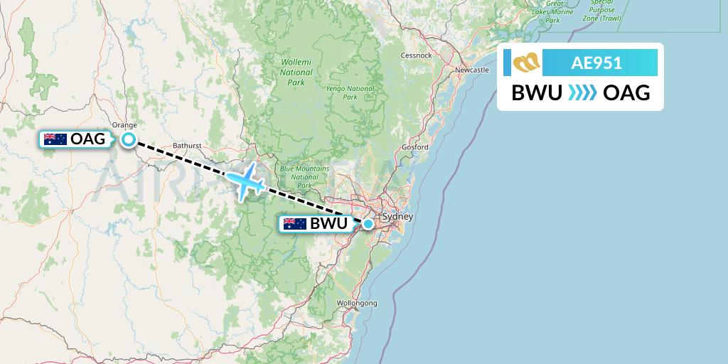 AE951 Mandarin Airlines Flight Map: Bankstown to Orange