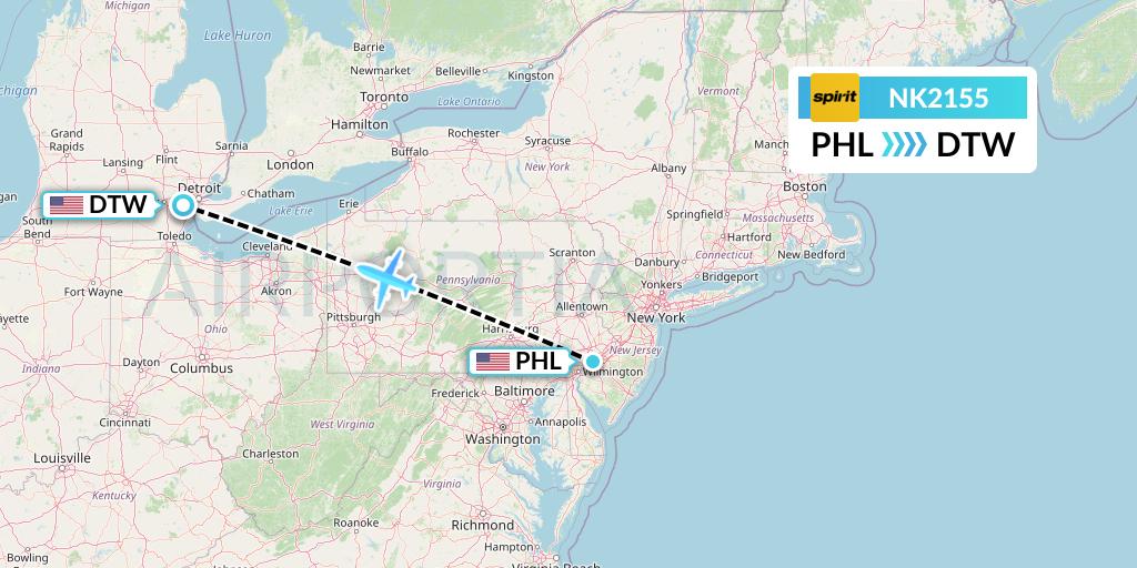 NK2155 Spirit Airlines Flight Map: Philadelphia to Detroit