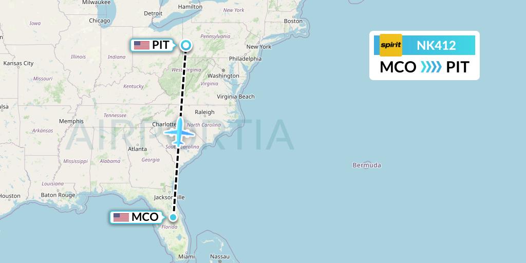 NK412 Spirit Airlines Flight Map: Orlando to Pittsburgh