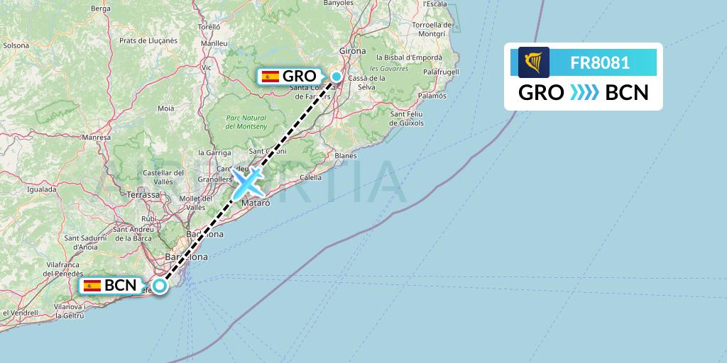 FR8081 Ryanair Flight Map: Girona to Barcelona